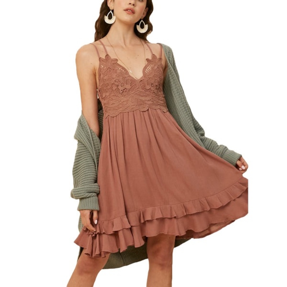 Listicle Crochet Dusty Rose Layered Ruffle Dress
